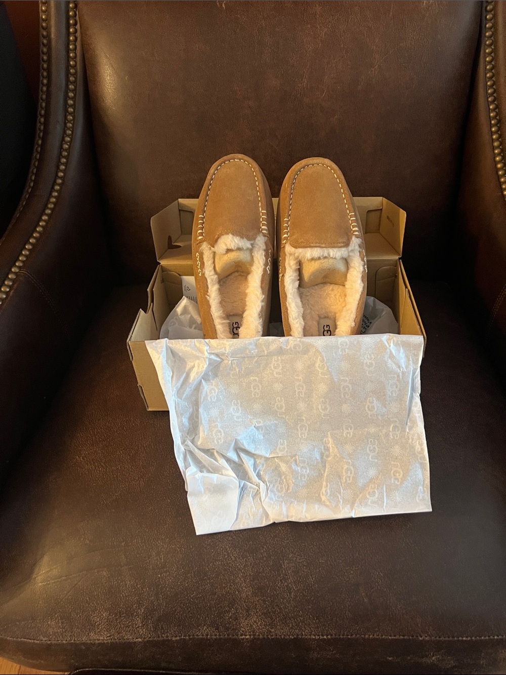 UGG Chestnut Suede Shearling Moccasin Slippers